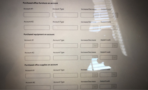 Purchased office furniture on account Account #1 Account Type Increase/Decrease Debit/Credit Account 2 Account Type Increase/