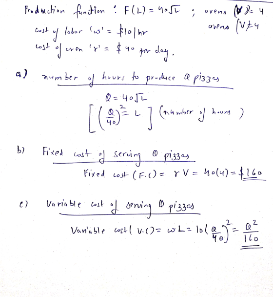 con LUT ovens oren Production function ? F(2)=4051 ; ovens W)- 4. cost of labor (w= $10/hr ovens (V24 cost of oren s= $40