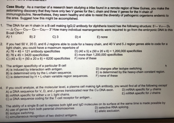 Case Study: As a member of a research team studying a tribe found in a remote region of New Guinea, you make the astonishing discovery that they have only two V genes for the L chain and three V genes for the H chain of immunoglobulins. Nevertheless, they seem healthy and able to resist the diversity of pathogenic organisms endemic to the area. Suggest how this might be accomplished 1. The DNA for an H chain in a B cell making IgG i2 antibody for diphtheria toxoid has the following structure: 5-V-Ds J2 Се-Су- B-cell DNA? C& Car-3 How many individual rearrangements were required to go from the embryonic DNA to this A) 1 B) 2 C) 3 D)4 E) none 2. If you had 50 V, 20 D, and 6 J regions able to code for a heavy chain, and 40 V and 5 J region genes able to code for a light chain, you could have a maximum repertoire of A) 76+ 45 121 antibody specificities B) 76 x 45 3420 specificities C) (40 x 5)+ (50 x 20 x 6) 6200 specificities F) none of these D) (40 x 5) x (50 x 20 x 6) = 1,200,000 specificities E) more than 1,200,000 specificities 3. The antigen specificity of a particular B cel A) is induced by interaction with antigen. B) is determined only by the L-chain sequence. C) is determined by H + L-chain variable region sequences. D) changes after isotype switching E) is determined by the heavy-chain constant region. F) none of these 4. If you could analyze, at the molecular level, a plasma cell making IgA antibody, you would find all f the folowing except A) a DNA sequence for V, D, and J genes translocated near the Ca DNA exon B) mRNA specific for either K or λ light chains C) a DNA sequence coding for the T-cell receptor for antigen. . D) mRNA specific for u chains E) mRNA specific for J chains ability of a single B cell to express both lgM and IgD molecules on its surface at the same time is made possible by A) use of genes from both parental chromosomes B) isotype switching C) simultaneous recognition of two distinct antigens. D) selective RNA splicing. E) allelic exclusion.