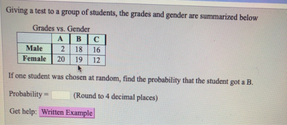 Giving a test to a group of students, the grades and gender are summarized below Grades vs. Gender A | B | C Male 2 | 18 | 16