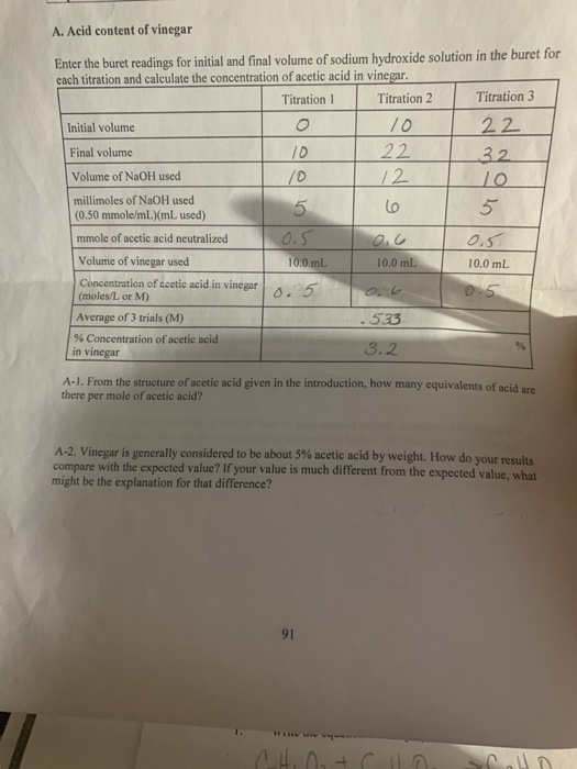 10 A. Acid content of vinegar Enter the buret readings for initial and final volume of sodium hydroxide solution in the buret