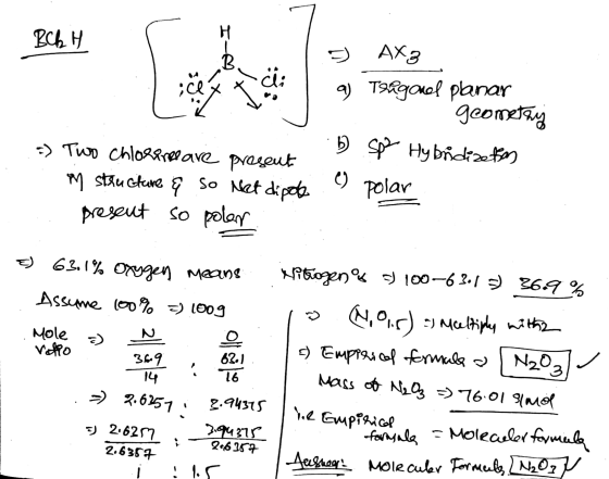 BORH ;clx x 3 AX2 7) Trigonel planar geometry b) Spz Hybridizetes e polar =) Two chlorines are present M structure q so Net