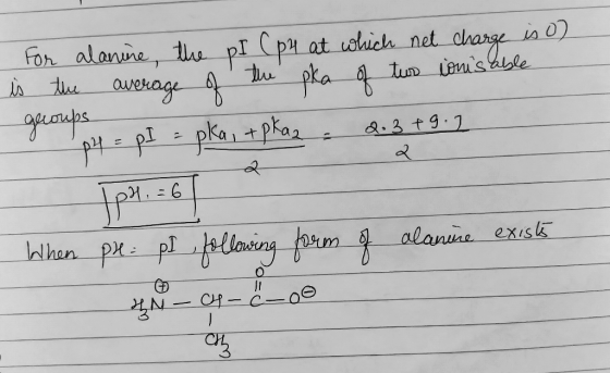 For alanine, the pI Cph at which net charge is o) is the average of the pka of two ionisable groups py = pl = pka, + pka2 = 2