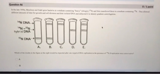Question 46 In the late 1950s, Meselson and Stahl grow bacteria in a medium containing heavy nitrogen (N) and then transferr