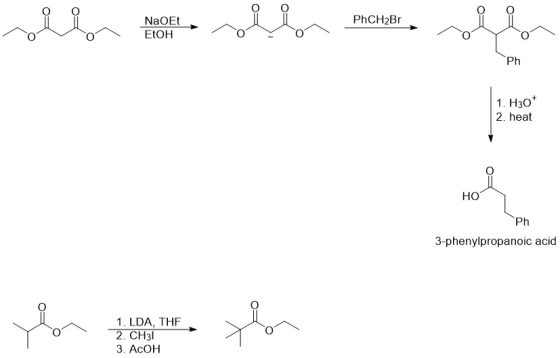 allon te rollen mener PhCH2Br NaOET EtOH alle Ph 1. H307 2. heat HO Ph 3-phenylpropanoic acid you 1. LDA, THE 2. CH31 3. AcOH