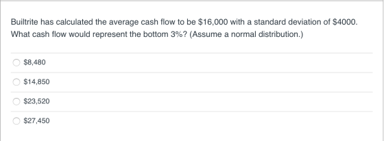 Builtrite has calculated the average cash flow to be $16,000 with a standard deviation of $4000. What cash flow would represe