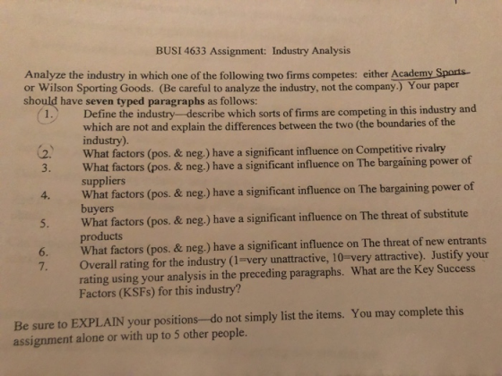 BUSI 4633 Assignment: Industry Analysis Analyze the industry in which one of the following two firms competes: either Academy Sports or Wilson Sporting Goods. (Be careful to analyze the industry, not the company) Your paper should have seven typed paragraphs as follows: 1. Define the industry- describe which sorts of firms are competing in this industry and which are not and explain the differences between the two (the boundaries of the industry). factors (pos. & neg.) have a significant influence on Competitive rivalry factors (pos. & neg.) have a significant influence on The bargaining power of 2. 3. What 4. What factors (pos. & neg.) have a significant influence on The bargaining power of 5. What factors (pos. & neg.) have a significant influence on The threat of substitute 6. What factors (pos. & neg.) have a significant influence on The threat of new entrants suppliers buyers products Overall rating for the industry (1-very unattractive, 10-very attractive). Justify your rating using your analysis in the preceding paragraphs. What are the Key Success Factors (KSFs) for this industry? 7. Be sure to EXPLAIN your positions-do not simply list the items. You may complete this assignment alone or with up to 5 other people.