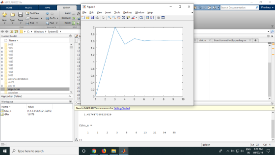 - 5 x Pradeep - 0 X 56 Search Documentation Tax X ahk.m x bisectionmethodbypradeep.m X + | | A MATLAB R2018 HOME PLOTS APPS E