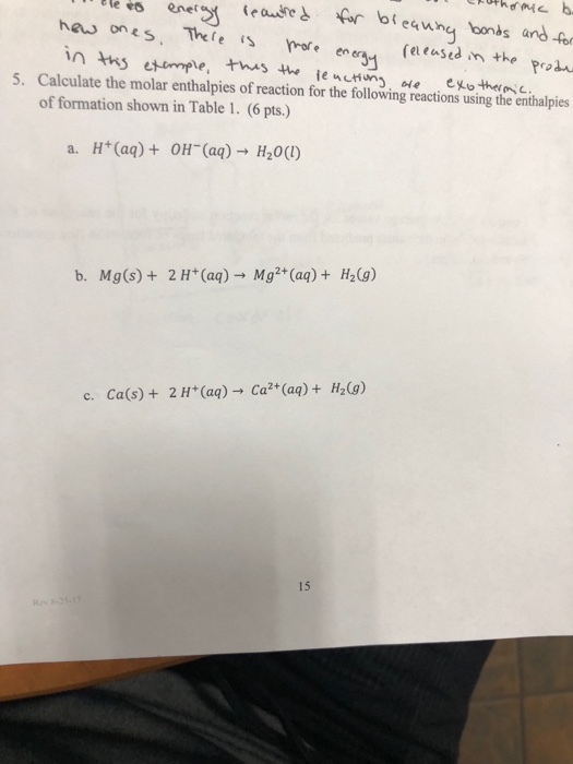 le esene equna bonds andfo haw ones, Tefe s roren Calculate the molar enthalpies of reaction for the following reactions using the enthalpies of formation shown in Table 1. (6 pts.) 5. a. H+ (aq) + OH-(aq) → H2O(l) b. Mg(s) + 2 H + (aq) → Mg2+ (aq) + H2(g) 2H+ (aq) → Ca2+ (aq) + H2(g) c, Ca(s) + 15