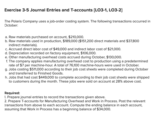 Exercise 3-5 Journal Entries and T-accounts (LO3-1, LO3-2] The Polaris Company uses a job-order costing system. The following
