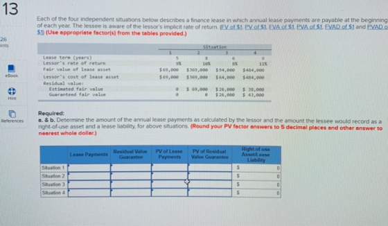 13 Each of the four independent situations below describes a finance lease in which annual lease payments are payable at the