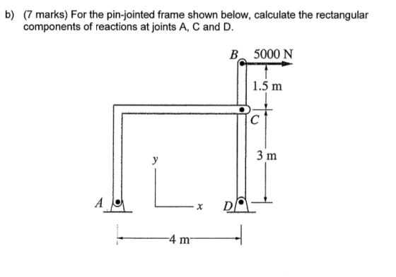 b) (7 marks) For the pin-jointed frame shown below, calculate the rectangular components of reactions at joints A, C and D. B