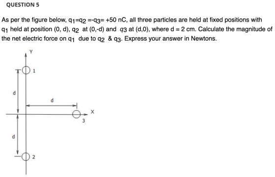 QUESTION 5 As per the figure below, 91=92 =-93= +50 nC, all three particles are held at fixed positions with 91 held at posit