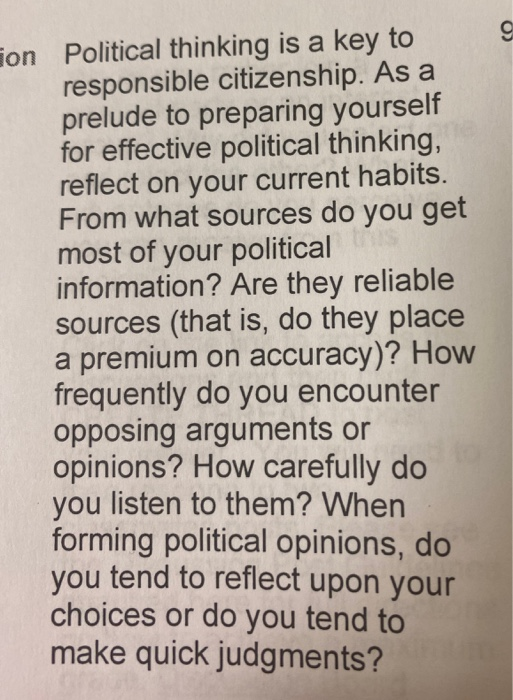 ion Political thinking is a key to responsible citizenship. As a prelude to preparing yourself for effective political thinki