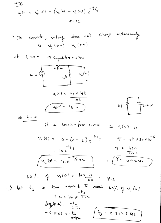NOTE: Yltlav (0) - (ve(o) - 4,lol) et le PERC ~ In change instaneously capacitor, voltage does not So V 10-): V lot) at too &