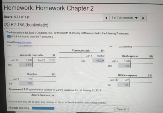 Homework: Homework Chapter 2 Score: 0.31 of 1 pt 5 of 7 (5 complete) %E2-18A (book/static) The transactions for Zanes Creati