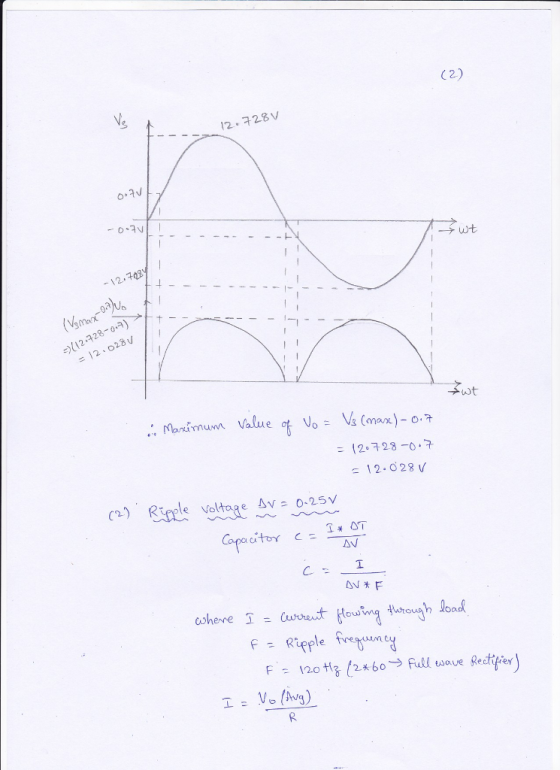 12-728V 12 28-0) = 12.028 V nimum Value ot Vo = Vs (man)-。구 {2-728-0-7 12.028 V C2)Rple Voltage Av 0-25v F= Ripple fre