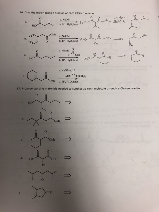 16. Give the major organic product of each Claisen reaction. a. NOF: A WHO it heat b. H.H.O. ETO a. NaoMe b. H. H,0,hea MCO-