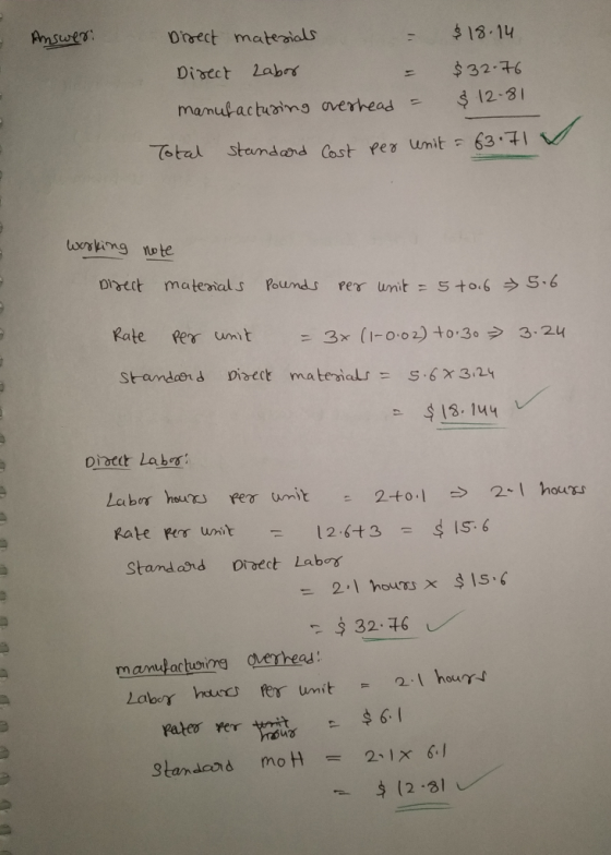 Answer: $18.14 Direct materials Direct zabor manufacturing overhead = $32.76 $ 12.81 Total standard Cost per unit = 63.41 wor