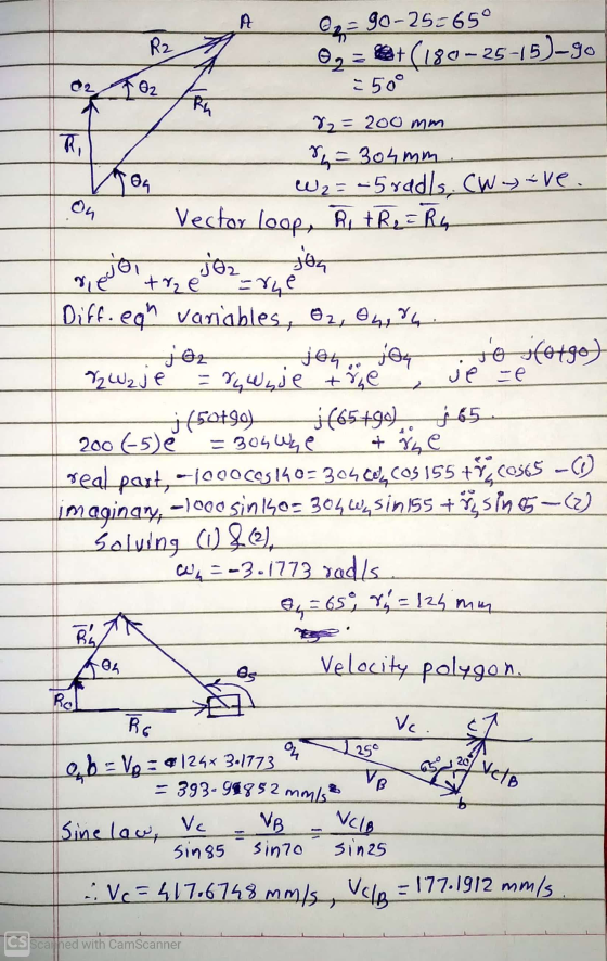 02= 90-25-65° 09= +(180-25-15-90 = 50° of Rh I = 304mm. - W2 = -5 rad/s. CW ~ive. - Vector loop, R, the = R4 Nido to Voz rysi