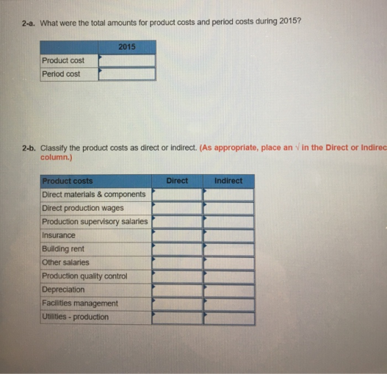 2-a. What were the total amounts for product costs and period costs during 2015? 2015 Product cost Period cost 2-b. Classify
