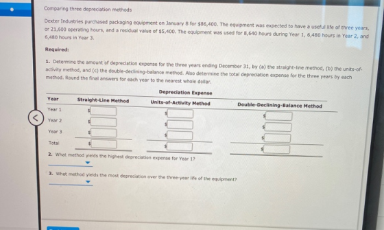 Comparing three depreciation methods Dexter Industries purchased packaging equipment on January 8 for $86,400. The equipment