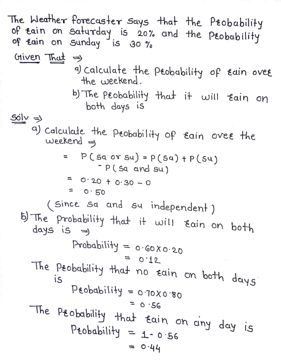 The hleather forecaster Says that the Ptobability of tain on Saturday, is 20% and the peobab ility of tain on Sunday is 30% Given That> calculate the Ptobability of Eain ovet the weekend b) The PEobability that it wl tain on both days is Solv a) Calculade the Peobability op ain ovee the weekend P (Sa and su) O 20 o 30-O O. 50 Since sa and 64 independent ) b)The probability thatit tain on both Probability = o.Goxo. 20 The Peobability that no sain on both dey ayS Peobability0xo 8o The Pt obability that tain on any day is Ptobability - 1- o 56 0.44