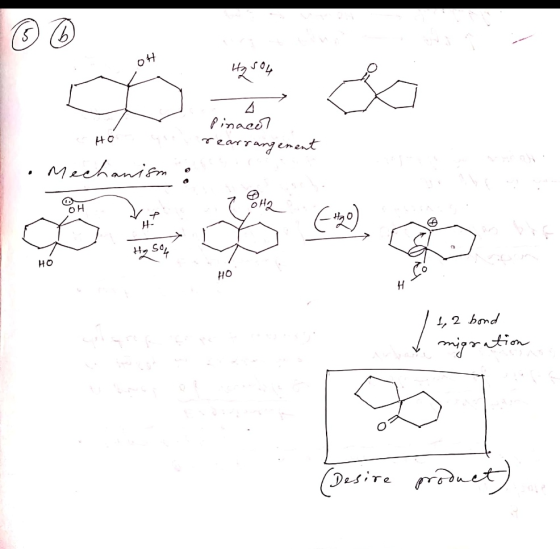 OH H2SO4 & 4 Pinaco rearrangement HO Mechanism . 242 H (120) H- H₂SO4 so HO HO Н. 1, 2 bond migration D Desire product)