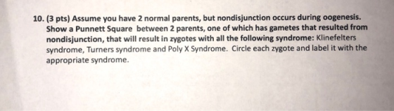 10. (3 pts) Assume you have 2 normal parents, but nondisjunction occurs during oogenesis. Show a Punnett Square between 2 par