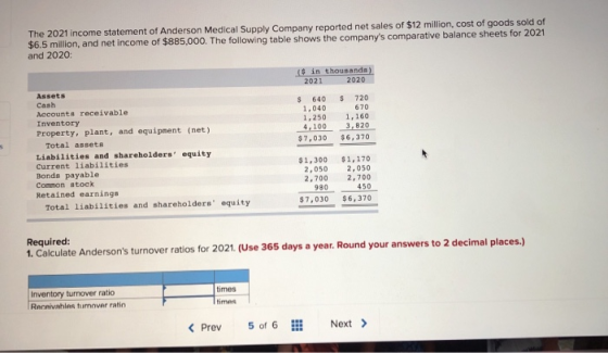 The 2021 income statement of Anderson Medical Supply Company reported net sales of $12 million, cost of goods sold of $6.5 mi