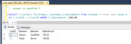cust_sales_MS_SQL...RHCF\Ganesh (52))* X answer to question f SELECT C.CustID,C.firstname, c.lastname, S. SalesAmount from Cu
