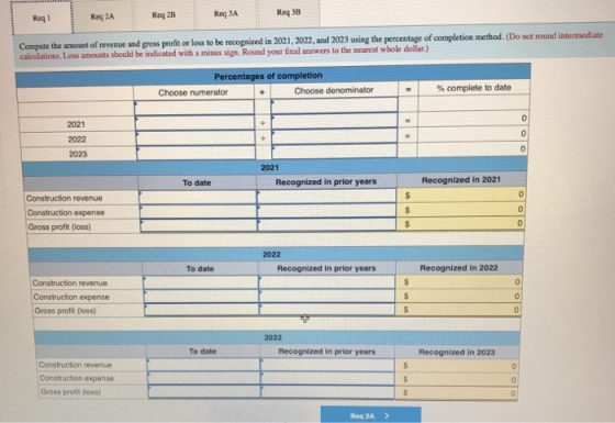 Req 3B Req 3A Req 2B Req 2A Req 1 Compute the amount of revenue and gross profit or loss to be recognized in 2021, 2022, and