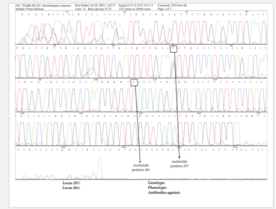 File: DARK BLUE chromatogram sequence Run Ended: Jul 26, 2003, 1:45:37 Signal G:31 A:18 T:14 C:13 Sample: Olum-abobseq Lane