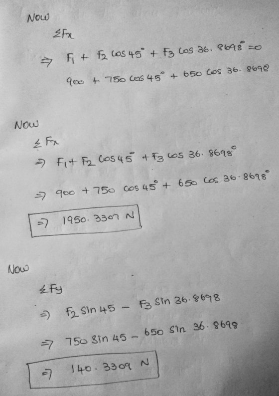 NOW Efn → Fit F2 COS 45° + FB COS 36. 8698° =0 900 + 750 cos 45º + 650 Cos 36.8692 Now & Fa - Fit Fr Cosus & F3 Los 36. 86980