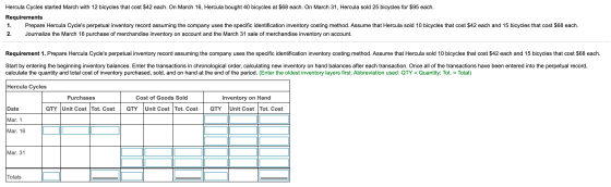 Hercula Cycles started March with 12 bicycles that cost $42 each. On March 16, Hercula bought 40 bicycles at $68 each. On Mar