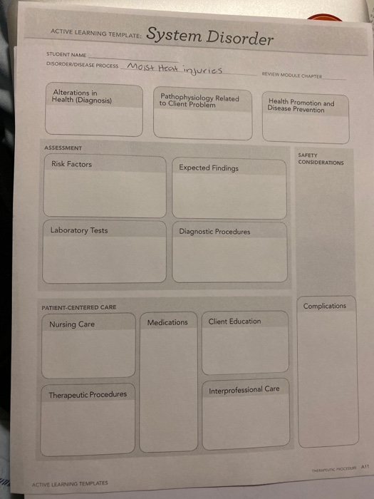 System Disorder ACTIVE LEARNING TEMPLATE: STUDENT NAME DISORDER/DISEASE PROCESS MOS+ Heat injuries REVIEW MOOoULE CHAPTER Alt