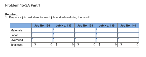 Problem 15-3A Part 1 Required: 1. Prepare a job cost sheet for each job worked on during the month. Job No. 136 Job No. 137 J