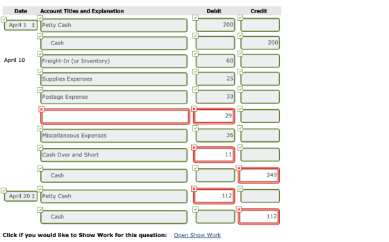 Date Account Titles and Explanation Debit Credit April 1 Petty Cash Cash 200 Freight-In (or Inventory) Supplies Expenses Post