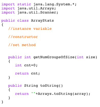 import static java.lang.System.* import java.util.Arrays; import java.util.Scanner; public class ArrayStats /linstance variab