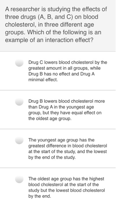 A researcher is studying the effects of three drugs (A, B, and C) on blood cholesterol, in three different age groups. Which of the following is an example of an interaction effect? Drug C lowers blood cholesterol by the greatest amount in all groups, while Drug B has no effect and Drug A minimal effect. Drug B lowers blood cholesterol more than Drug A in the youngest age group, but they have equal effect on the oldest age group. The youngest age group has the greatest difference in blood cholesterol at the start of the study, and the lowest by the end of the study. The oldest age group has the highest blood cholesterol at the start of the study but the lowest blood cholesterol by the end.