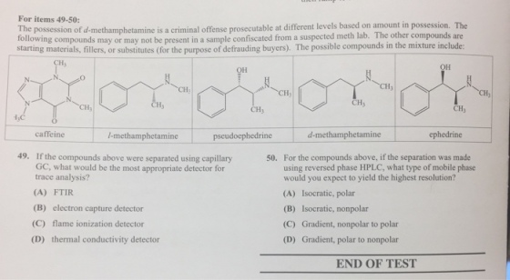 For items 49-50: possession. The The possession of d-methamphetamine is a criminal offense prosecutable at different levels based on amount in following compounds may or may not be present in a sample confiscated from a suspected meth The other compounds are starting materials, fillers, or substitutes (for the purpose of defrauding buyers). The possible compounds in the mixture include: OH OH CH CH3 CH CH CH caffeine d-methamphetamine ephedrine l-methamphetamine pseudoephedrine 49. If he compounds above were separated using capillary 50. For the compounds above, if the separation was made GC, what would be the most appropriate detector for using reversed phase HPLC, what type of mobile phase trace analysis? would you expect to yield the highest resolution? (A) FTIR (A) Isocratic, polar (B) electron capture detector (B) Isocratic, nonpolar (C) flame ionization detector (C) Gradient, nonpolar to polar (D) thermal conductivity detector (D) Gradient, polar to nonpolar END OF TEST