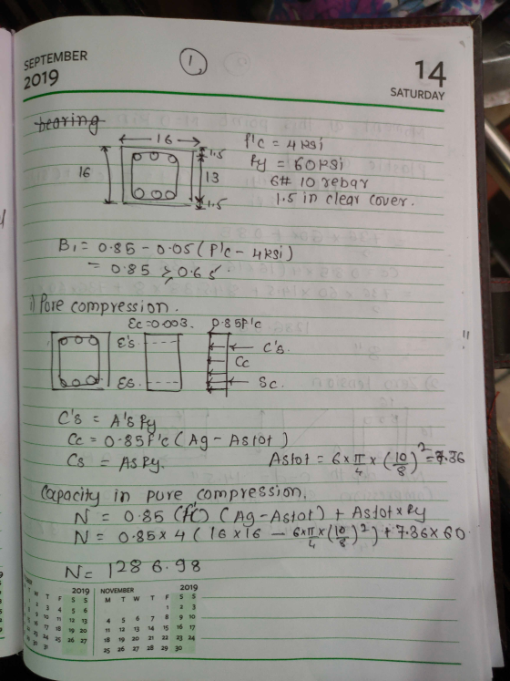 23 24 25 26 27 SEPTEMBER 14 2019 SATURDAY bearing [1.5 16 fle=4801 Ry = 6opsi 6# 10 jebay 1.5 in clear cover. 13 B = 0.85-8.0