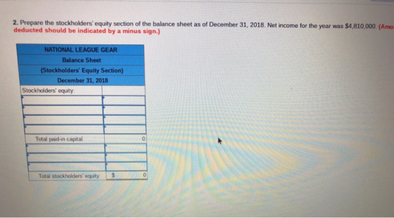 2. Prepare the stockholders equity section of the balance sheet as of December 31, 2018. Net income for the year was $4,810,