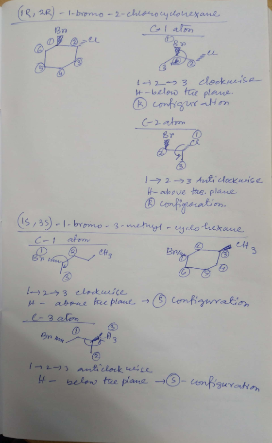 (IR, QR) - 1- brome -1-bromo -2-chloro cyclohexane Bro Glaton 1423 clockwise H below the plane. ® configuration (-2 atoon 2 1
