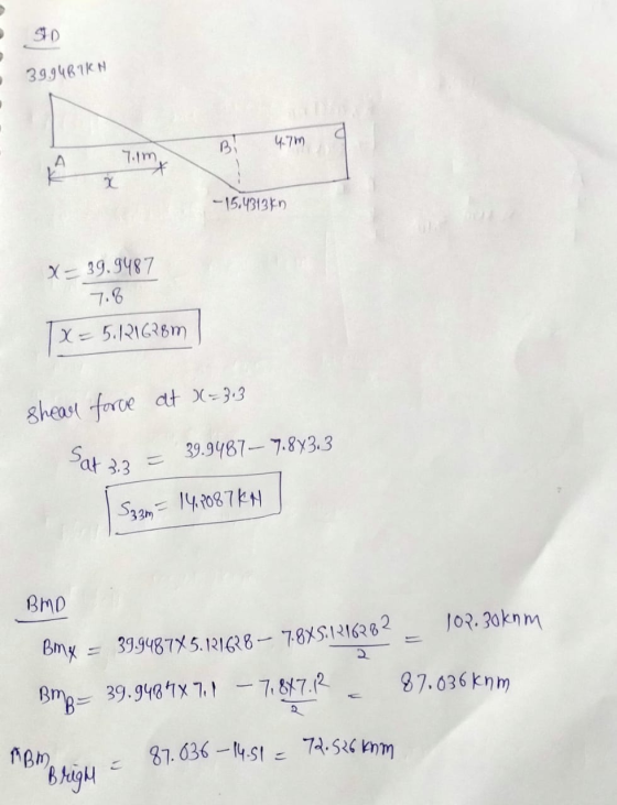 SD 39.9461KN BI 4.77 nam A K X -15.43139 X = 39.9487 7.8 X= 5.RIG28m shear force at x = 3:3 Sat 39.9487– 7.8733 3.3. S32m = 1