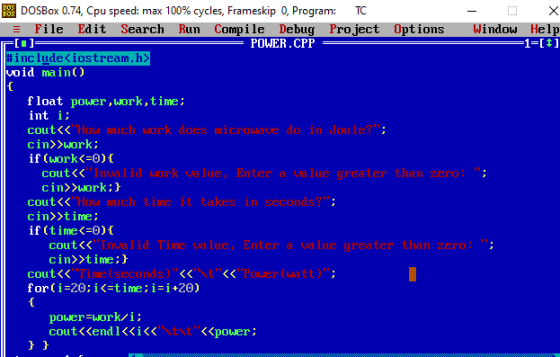 203 DOSBox 0.74, Cpu speed: max 100% cycles, Frameskip 0. Program: TC File Edit Search Run Compile Debug Project Options Wind