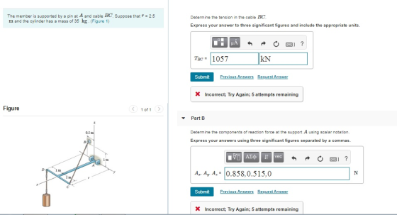 The member is supported by a pin at A and cable BC. Suppose that T = 2.5 m and the cylinder has a mass of 35 kg. (Figure 1) D