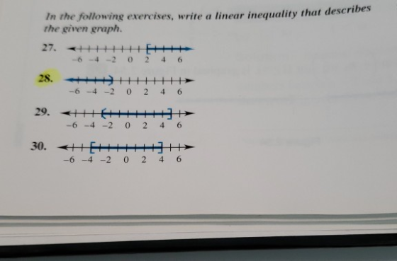 In the following exercises, write a linear inequality that describes the given graph. 27. + -6-4-2 02 46 28. HTTTT -6 -4 -2 0