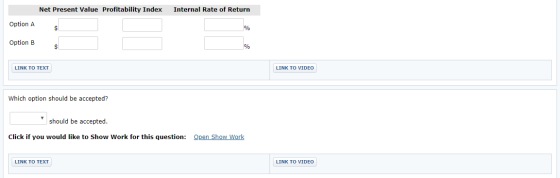 Internal Rate of Return Net Present Value Profitability Index Option A Option B $4 LINK TO TEXT LINK TO VIDEO Which option sh