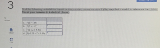3 lnormal variable Z (You may find it useful to reference the z table nd your answers to 4 decimal places.) 5 points a. P(Z> 1 05) b P(Z s -1.7) c POs2 1.46) eBook d P(-0.59 s Z s 2 86) Hint